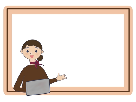 受付スタッフがご案内(ベージュ) 受付,受付スタッフ,ビジネス,オフィス,ホワイトボード,案内,左手,デスク,パソコン,ノートパソコンのイラスト素材