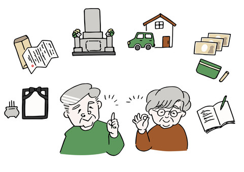 終活が順調に進む中高年男女 人物,終活,高齢者,中高年,シニア,男性,女性,相談,ライフプラン,人生のイラスト素材