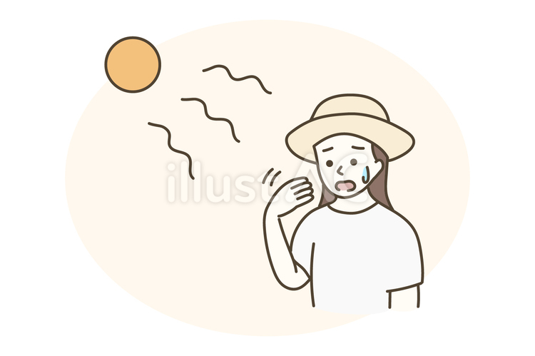 暑い日差しと女性 暑い,熱中症,太陽のイラスト素材