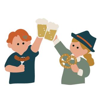 乾杯する人 ドイツ,オクトーバーフェス,秋,ビール,ジョッキ,泡,プレッツェル,帽子,シャツ,民族衣装のイラスト素材