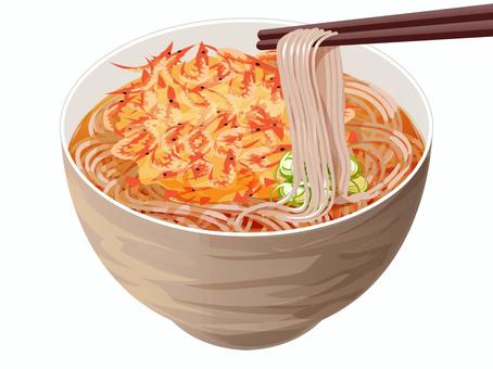 桜エビのかき揚げそば（箸上げ） そば,桜エビ,かき揚げ,麺類,揚げ物,食べ物,ネギ,どんぶり,箸のイラスト素材