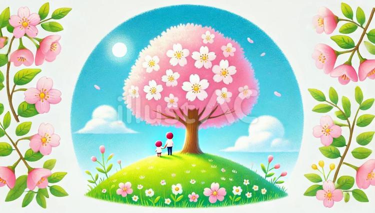 丘の上の一本桜を見上げる二人（絵本風 桜,花見,親子のイラスト素材