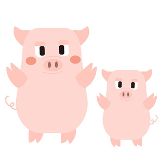 かわいい豚の親子 動物,生き物,豚,ブタ,親子,ポーク,かわいい,ピンク,シンプル,ベクターのイラスト素材
