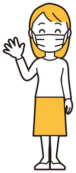  ロングヘア女性(黄)-131-全身 マスク,女性,女の子,人物,かわいい,予防,清潔,衛生,感染対策,衛生的のイラスト素材