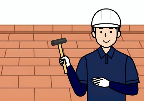ストレート屋根と金槌を持った屋根職人 ストレート,屋根,屋根職人,屋根葺き,職人,リフォーム,修繕,雨漏り,瓦,葺き替えのイラスト素材