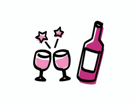 赤ワインで乾杯_色ズレゆるい絵 赤ワインで乾杯_色ズレゆるい絵 赤,ワイン,グラス,ボトル,手書き,手描き,乾杯,ふたり,星,ゆるいのイラスト素材