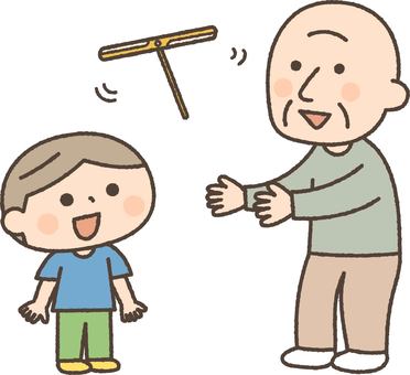たけトンボで遊ぶおじいちゃんと男の子 人物,子供,おじいちゃん,たけトンボ,おもちゃ,祖父,孫,高齢者,家族,昔のイラスト素材