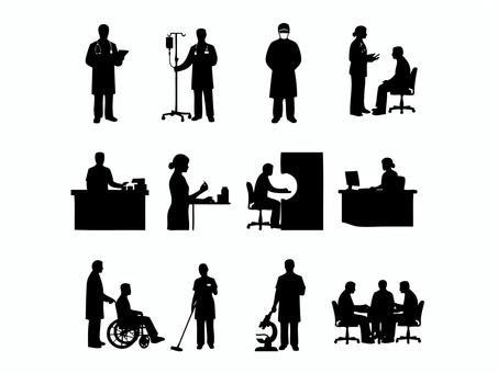 病院の医療従事者とスタッフのシルエット 病院,医療,看護,医師,看護師,薬剤師,スタッフ,事務,受付,シルエットのイラスト素材