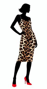 ヒョウ柄のワンピースの女性 ヒョウ柄のワンピースの女性 ヒョウ柄,ハイヒール,赤,靴,シルエット,モデル,女性,派手,セクシー,大人のイラスト素材
