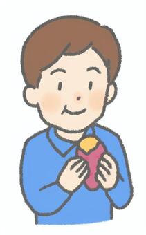 単品　笑顔で焼き芋を食べる男性 中年,青年,夫,男性,焼き芋,さつまいも,食事,おやつ,美味しい,嬉しいのイラスト素材