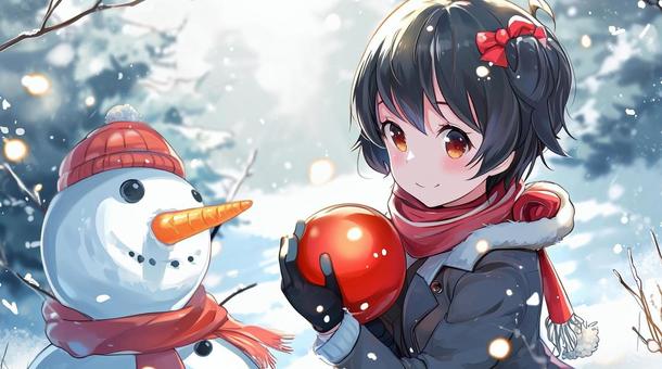 girl playing with snowman, , JPG