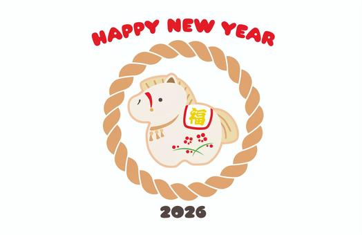 年賀状素材　午としめ縄のイラスト　2 午年,午,2026,2026年,馬,馬年,年賀状,お正月,１月,冬のイラスト素材