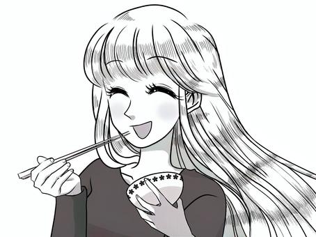 少女漫画風 お茶碗とお箸で食事する女性1 モノクロ,女性,漫画,レトロ,少女漫画,表情,ロングヘア,食事,箸,茶碗のイラスト素材