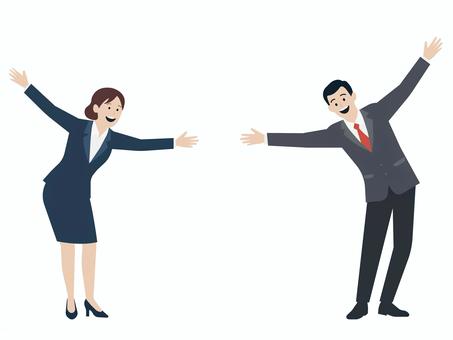 歓迎するスーツ姿の男女 歓迎,親しみ,喜び,笑顔,会社員,ビジネスマン,スーツ,オフィススタイル,人物,男性のイラスト素材