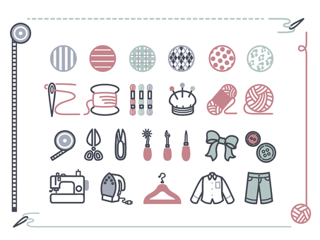 裁縫道具のアイコンセット　カラー 裁縫,手芸,ハンドメイド,アイコン,道具,シンプル,セット,ベクター,針,糸のイラスト素材