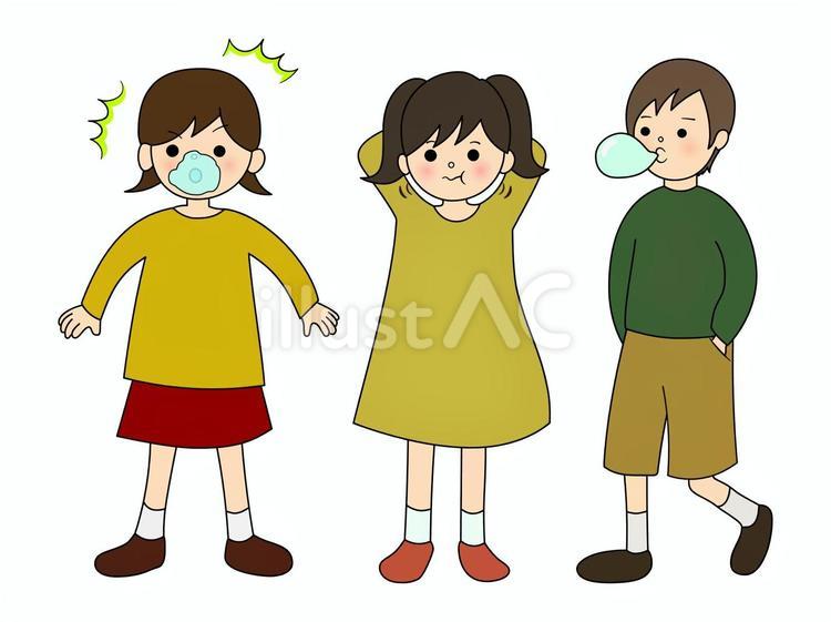 ガムを食べる子供セット（主線あり） ガム,食べる,噛むのイラスト素材