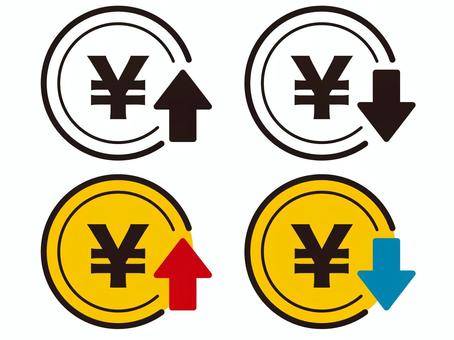 円高円安やお金の動きを表すアイコンセット お金,料金,矢印,アイコン,ピクトグラム,マーク,セット,円高,円安,値上げのイラスト素材