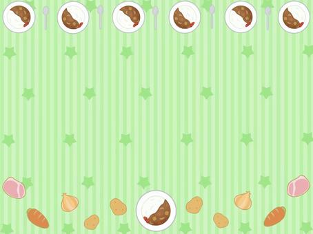 カレーライス（緑）フレーム カレー,カレーライス,食事,ごはん,ジャガイモ,ニンジン,玉ねぎ,スプーン,野菜,肉のイラスト素材