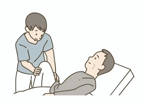 ベッドで足のリハビリをする療法士 リハビリ,リハビリテーション,療法士,理学療法士,pt,患者,入院,病院,医療,介護のイラスト素材