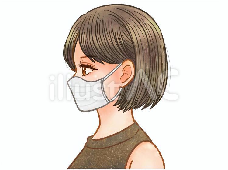 マスクを付けた黒髪の大人女性＿横顔 横顔,マスク,女性のイラスト素材