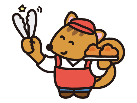 トングをカチカチするパン屋のリス リス,シマリス,小動物,動物,パン,トング,食事,食べ物,朝食,昼食のイラスト素材