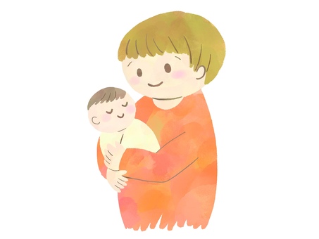 赤ちゃんと母親のイラスト（水彩風・橙） 赤ちゃん,ベビー,新生児,乳児,子供,親,母,ママ,お母さん,女性のイラスト素材
