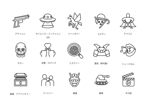 映画のジャンルのアイコン（線画） アイコン,線画,映画,ジャンル,アクション,サイエンスフィクション,sf,ファンタジー,コメディ,喜劇のイラスト素材