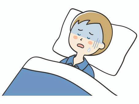 寝苦しい表情の白人男性 男性,外国人,寝苦しい,うなされる,苦しい,しんどい,不調,体調不良,悪夢,不眠のイラスト素材