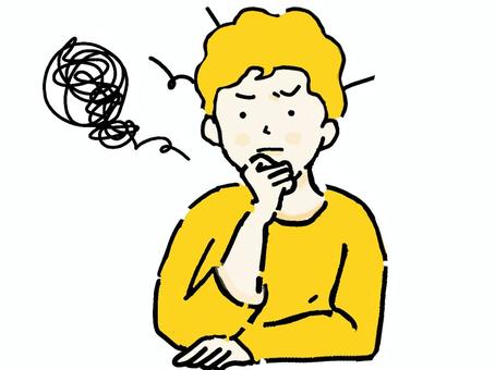 混乱して考え込む若い男性‐黄色④ 混乱,考える,悩む,困る,男性,ぐるぐる思考,モヤモヤ,疲労,疲れ,黄色のイラスト素材