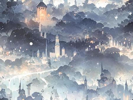 森の中にある街の夜景 森の中にある街の夜景 風景,バックグラウンド,夜のイラスト素材
