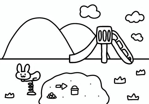 公園のぬりえ用イラスト　背景 公園,すべり台,遊具,シャベル,砂場,バケツ,うさぎ,乗り物,草,雲のイラスト素材