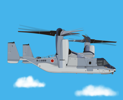 陸上自衛隊オスプレイと青い空　リアル 陸上自衛隊,オスプレイ,リアル,青空,大きい,飛行機,ヘリコプター,垂直離陸,高速のイラスト素材