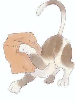 紙袋をかぶったねこ ねこ,紙袋,押絵,茶色,白色,１匹,被り物,cat,動物,ペットのイラスト素材