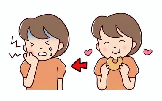 甘い物を食べて虫歯になった女の子 虫歯,歯痛,痛い,ズキズキ,腫れる,歯,甘い物,歯科,歯医者,デンタルクリニックのイラスト素材