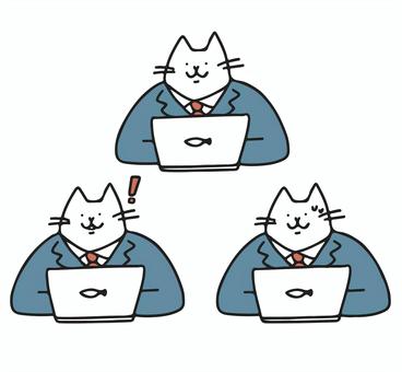 パソコンするサラリーマンねこ ねこ,動物,サラリーマン,仕事,会社員,パソコン,デスクワーク,スーツ,閃き,汗のイラスト素材