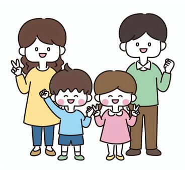 笑顔の4人家族_全身（カラー）  家族,親子,全身,ピース,ガッツポーズ,お父さん,お母さん,子ども,両親,夫のイラスト素材