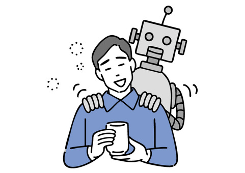 ロボットに肩揉みしてもらう男性 男性,肩,揉む,ロボット,ai,お手伝い,癒し,お茶,リラックス,人物のイラスト素材