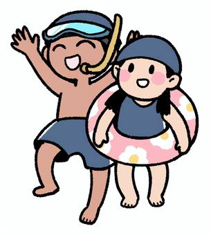水着の子供 海開き,海,海水浴,水泳,子供,男女,水着,男児,女児,小学生のイラスト素材