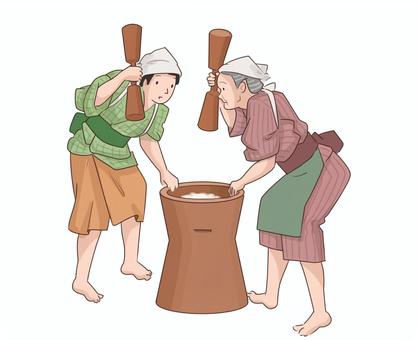 江戸時代　餅つき 江戸時代,餅つき,古い,女性,２人,着物のイラスト素材