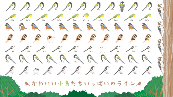 かわいい小鳥いっぱいのラインセット 小鳥,鳥,野鳥,シジュウカラ,スズメ,エナガ,ヤマガラ,メジロ,ヒガラ,コゲラのイラスト素材