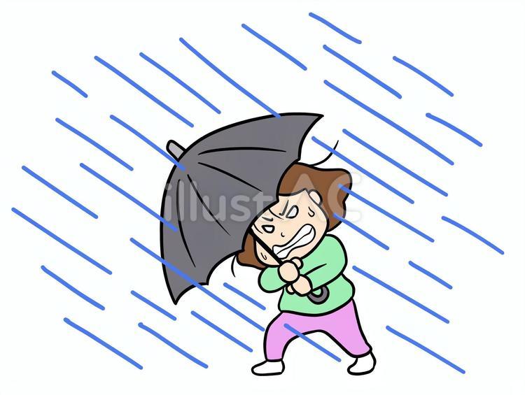 台風の中、傘をさして歩く女性 集中豪雨,台風,大雨のイラスト素材