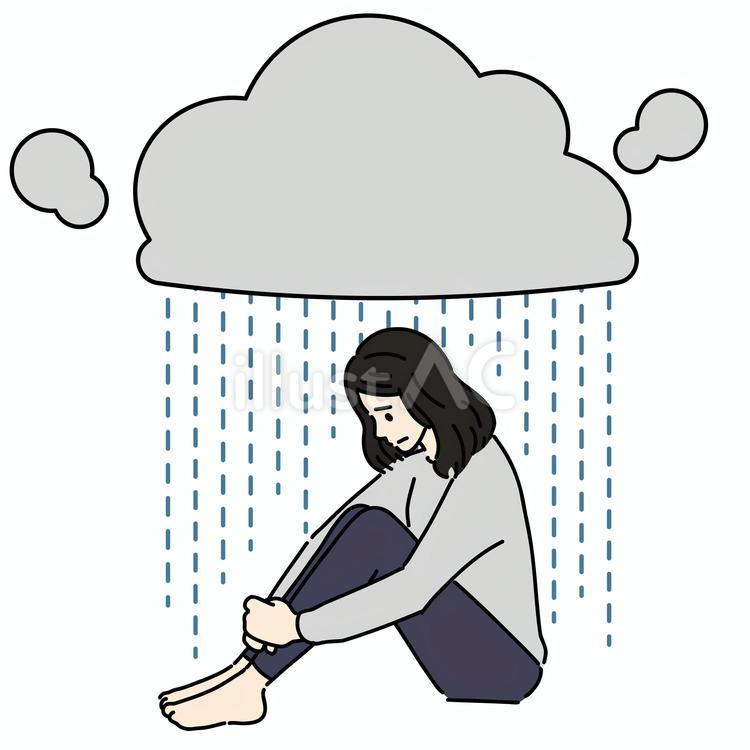 うずくまって落ち込む女性と雨雲 女性,体育座り,全身のイラスト素材