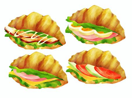 Set of 4 types of hand-drawn croissant sandwiches, croissant, sandwich, bread, JPG and PNG