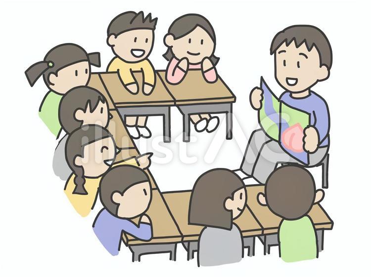 読み聞かせをする先生と子ども 読み聞かせ,学校,教室のイラスト素材