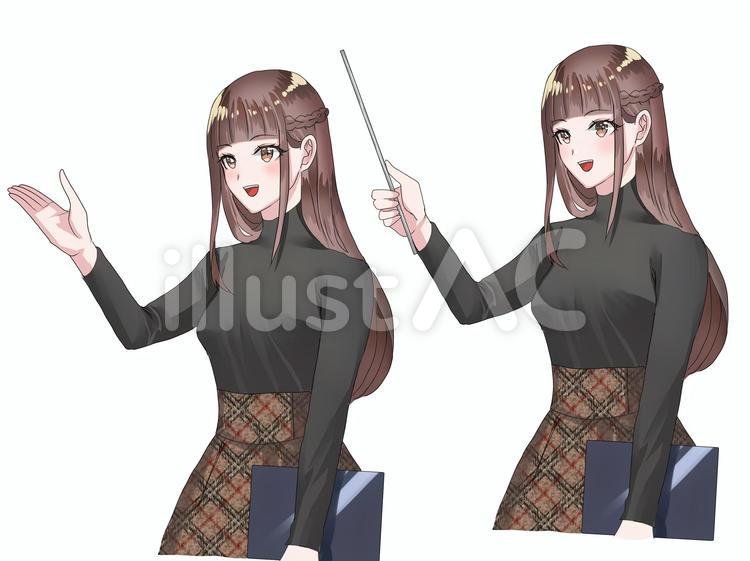 案内や説明をする女性の萌え絵セット１ 女性,先生,講師のイラスト素材