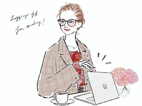 PCを開く/閉じる眼鏡のおしゃれな女性 女性,pc,ビジネス,仕事,めがね,ジャケット,花,開く,閉じる,見上げるのイラスト素材