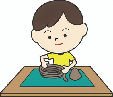 土器を作っている男の子 土器,縄文土器,体験学習,粘土,土,輪積み,手作り,男の子,工作,縄文体験のイラスト素材