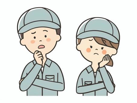 悩む作業員の男女 悩む作業員の男女 困る,悩む,考える,不安,心配,作業員,清掃員,男性,男,女性のイラスト素材