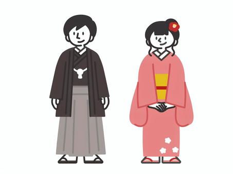 着物姿の男女 人,正月,年賀状,男性,女性,袴,晴れ着,着物,謹賀新年,新年のイラスト素材