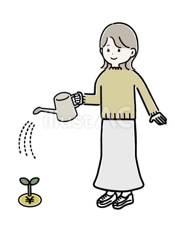お金のなる木　水やりする女性 女性,成人,金のなる木のイラスト素材
